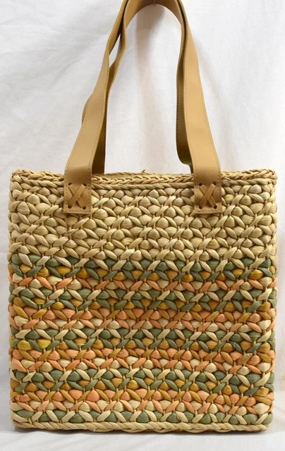 Vtg Hand Woven Straw Raffia Wicker Beach Tote Market Bag Lined Handbag 11.5x11x6