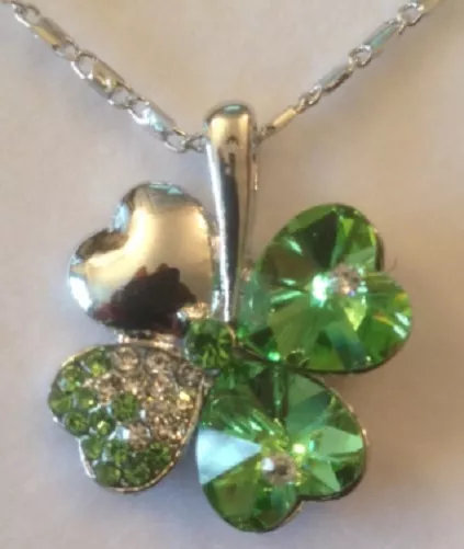 Necklace Green Crystal Four Leaf Clover Shamrock 4 Irish Ireland Silver Gold UKS