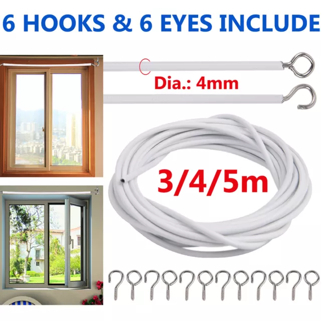 Choose ~ 3/4/5M Net Curtain Wire White Window Voile Cord Cable FREE HOOKS & EYES