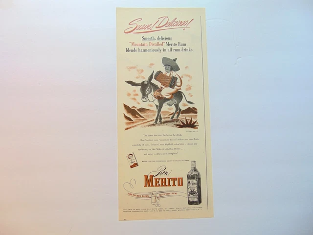 1946 RUM RON MERITO BURRO MAN PLAYS INSTRUMENT Cartoon vintage art print ad
