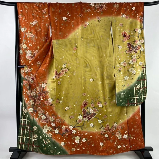 JAPANESE KIMONO FURISODE LONG SLEEVES LADIES WOVEN SILK 100% GOLD COLOR 159cm