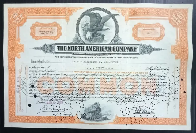 AOP USA 1929 The North American Co. 60 shares certificate