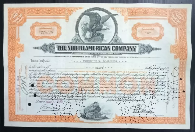 AOP USA 1929 The North American Co. 60 shares certificate