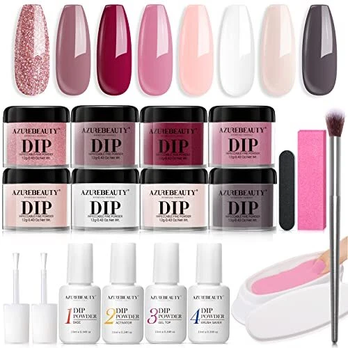 Kit de inicio de uñas en polvo de inmersión AZUREBEAUTY 18 piezas 8 colores claro desnudo rosa brillo...