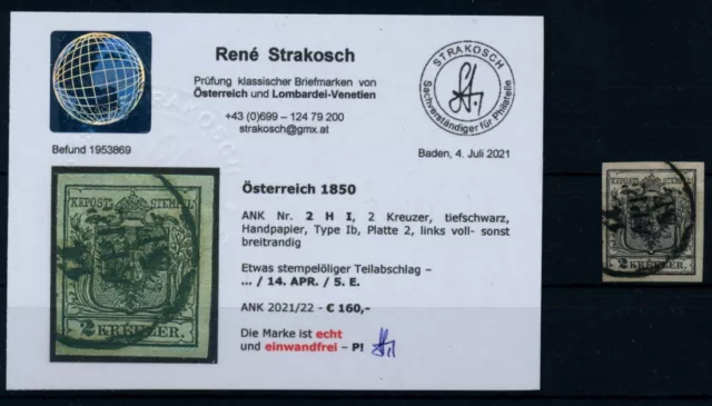 ÖSTERREICH 1850 2Kr tiefschwarz, HP, Type Ib, Platte2, SeidenP.! WIEN. Befund!