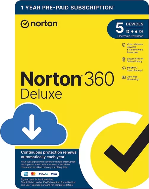 Norton 360 Deluxe Antivirus 2024 5 dispositivi 1 anno incl. codice istantaneo VPN stesso giorno