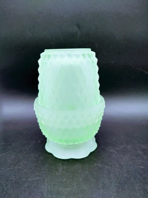 Vintage Indiana Glass Fairy Lamp Diamond Point Light Votive Candle Green Satin