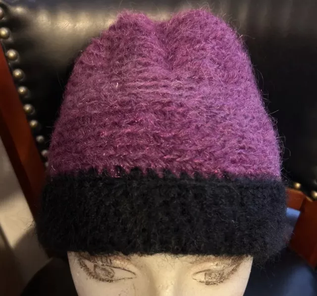NEW Handmade Knitted Purple & Black Soft Beanie Winter Hat One Size