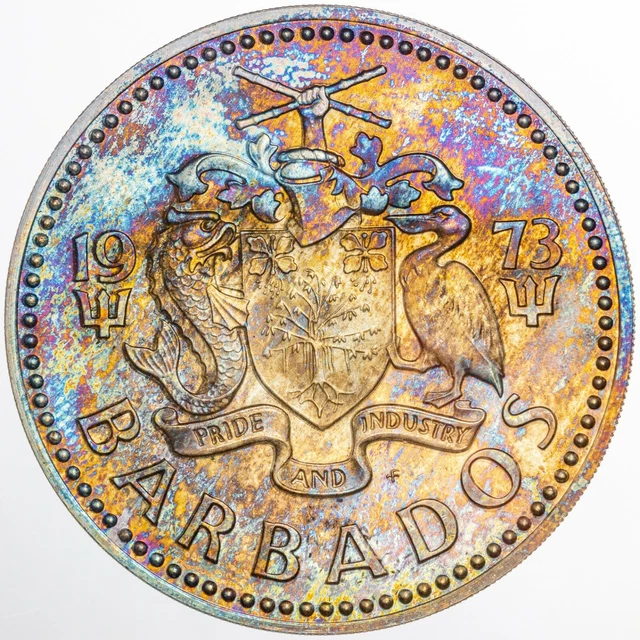 1973 Barbados 5 Dollars Silver Proof Unc Wonderful Toned Color Bu Choice (Dr)