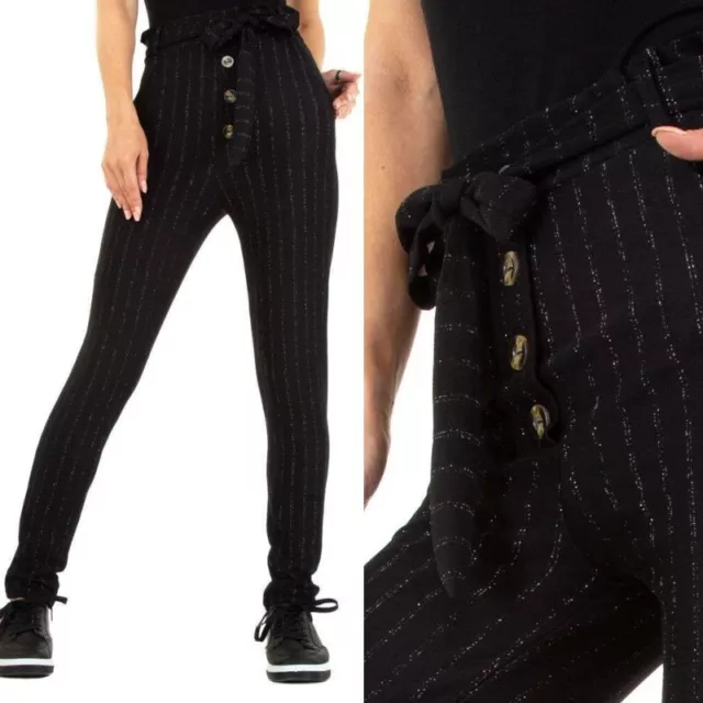 Pantalone donna pantacollant leggings vita alta con bottoni e fiocco nero gessat