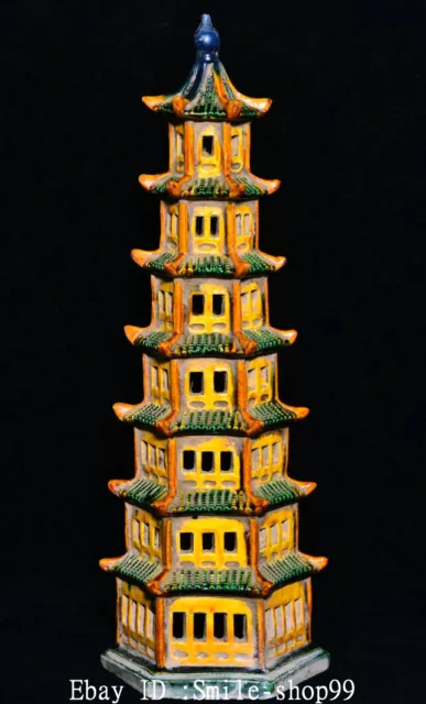 17.1" Old Qing Dynasty 3 Cai Porcelain Tower Column Buddhist Pagoda Statue