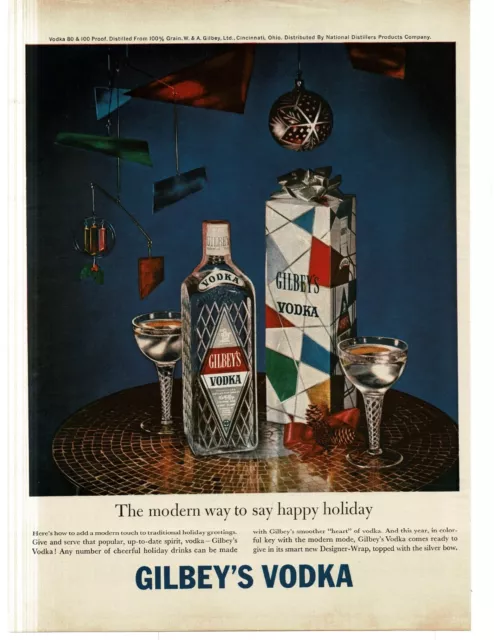 1959 Gilbey's Vodka MCM Christmas decorations Vintage Print Ad