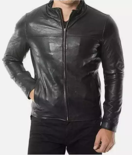 NEW MEN'S GENUINE Lambskin Leather Jacket Black Slim Fit Biker ...
