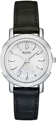 Bulova 96L129 Silver Tone Silver White Dial Black Leather Strap Womens Watch