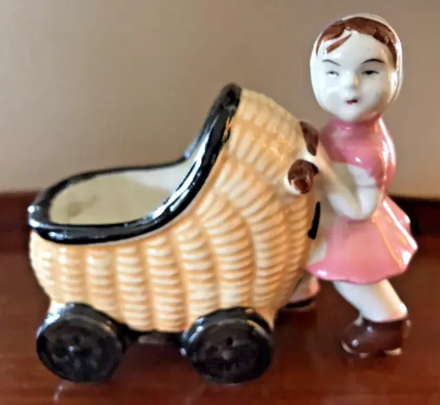 Girl Pushing Wicker Baby Buggy Small Planter - Vintage - Handpainated - Japan