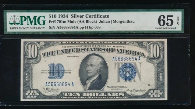 $10 1934 Silver Certificate 1701m MULE - PMG65 EPQ - *666* Serial Number