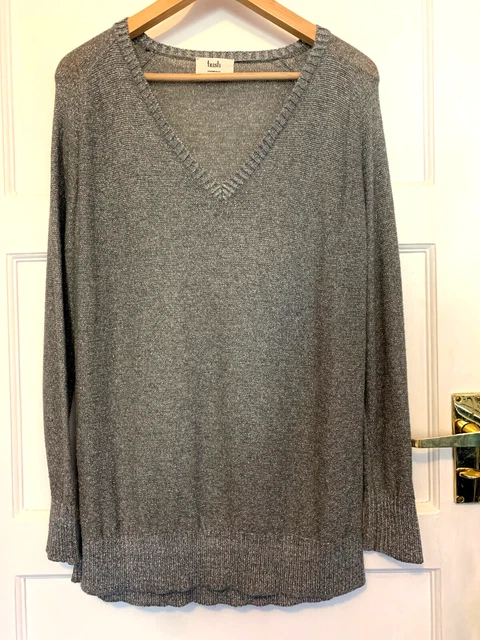 Hush Grey Sparkly Fleck Oversized Lightweight Tight Knit V-Neck Jumper Size  S/M