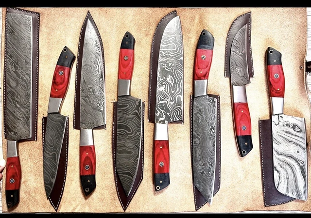 8 Stück Handgefertigte Damaskus Stahl Kochmesser, Küchenmesser