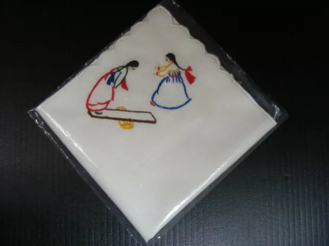 VTG Souvenir "2 Little Korean Girls on Seesaw Teeter Totter" Childrens Hankie