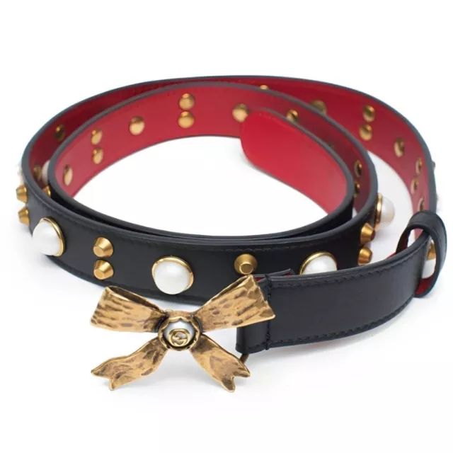 GUCCI STUDDED LEATHER Belt Metal Bow Hibiscus Red Black Belt Moon Pearl ...