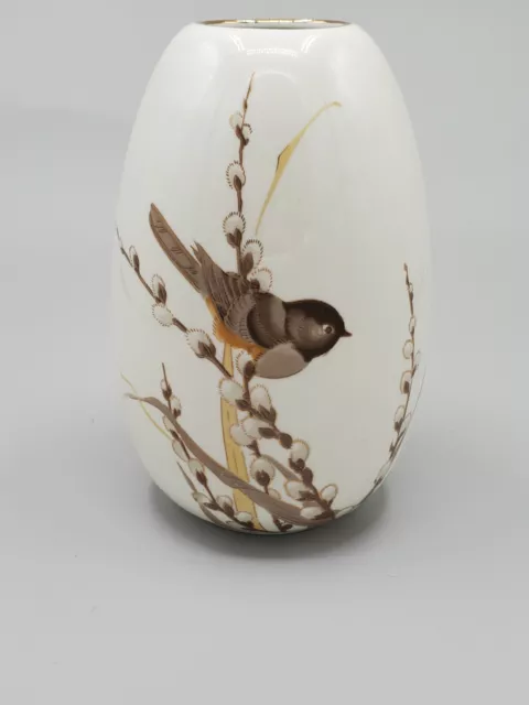Otagiri Pretty Bud Vase With Bird On Pussy Willow White And Gold Accents.