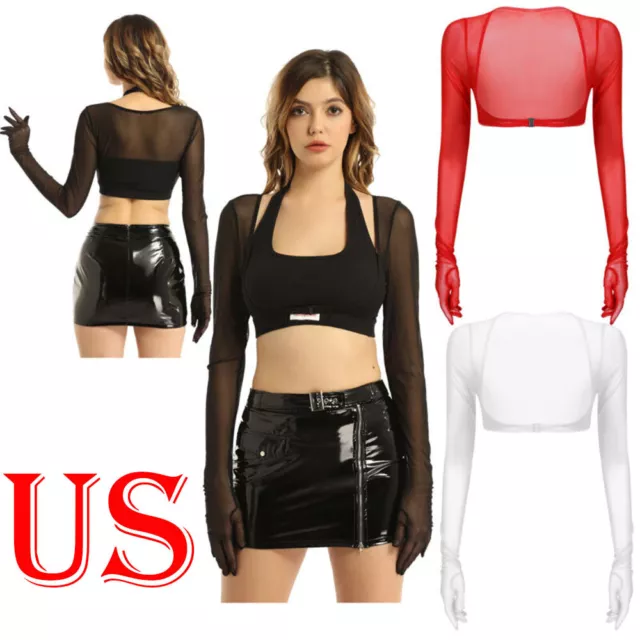 US Womens Sheer Mesh Long Sleeve Crop Tops Shirt Shrug See Through Sexy Lingerie