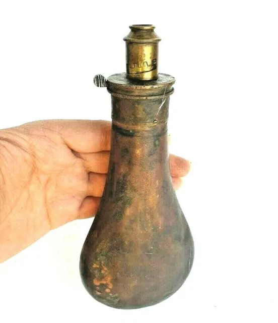 Original Old Vintage Victorian Copper & Brass Antique Gun Powder Bottle / Flask 3