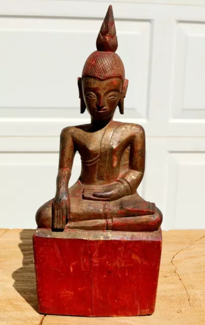 Rare 19c Burmese Shan Buddha Statue Gold Gilt wood red base 11 1/2" X 5" X 3"