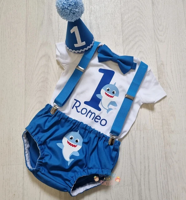 Baby Shark baby boys 1st birthday personalised cake smash outfit blue