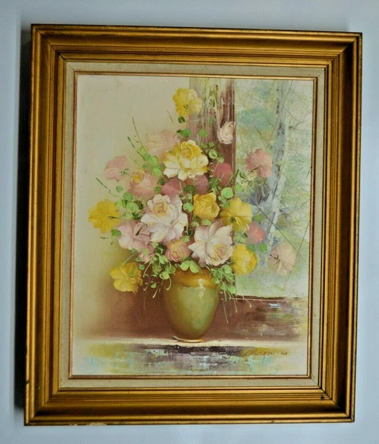 ANCIEN TABLEAU TOILE Nature Morte Peinture Huile Signe Le Bouquet Et ...