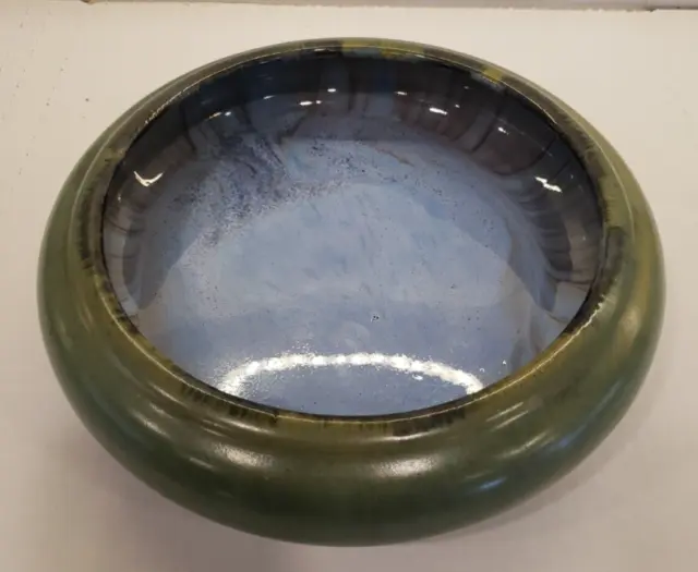 Fulper Pottery Low Bowl #17SP Blue of the Sky Flambe & Mirror Green(?) 2.5" x 9"