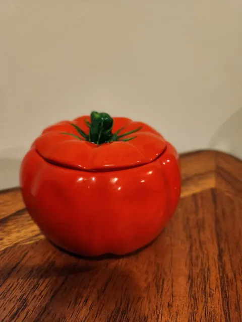 Vintage Artist Made Heirloom Tomato Fruit Glazed Pottery Sugar Bowl with Lid