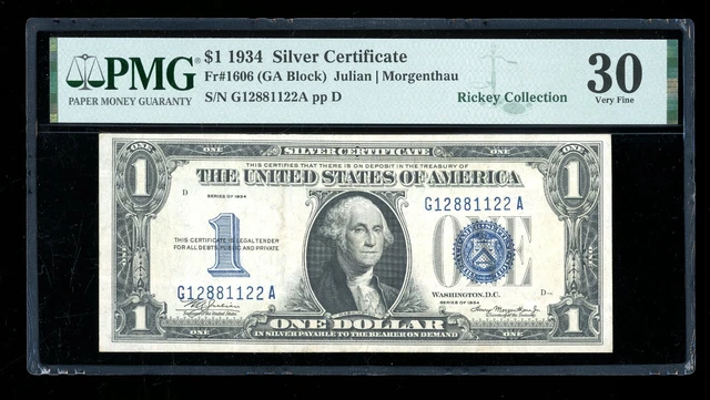 DBR 1934 $1 Silver Funnyback Fr. 1606 GA Block PMG 30 Serial G12881122A
