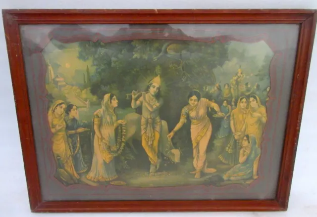 Antique Original Old Hindu God Krishna Pujan Litho Holy Print With Frame Germany