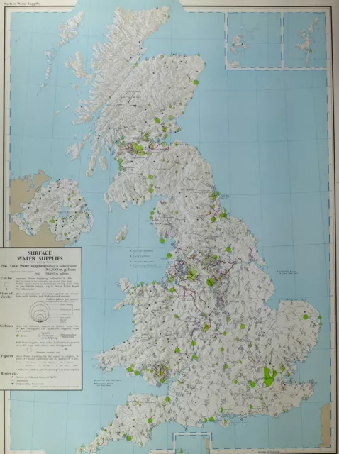 VINTAGE LARGE MAP of BRITAIN SURFACE WATER SUPPLIES RIVERS AQUEDUCTS RESERVOIRS