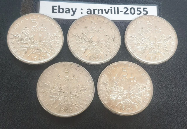 Lot de 5 pièces de 5 francs argent semeuse 1960 / 1962 / 1963 /1963 / 1964