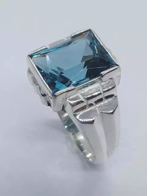 Art Deco Style 2.5Ct Princess Cut Blue Topaz Beautiful Mens Ring In 925 Silver