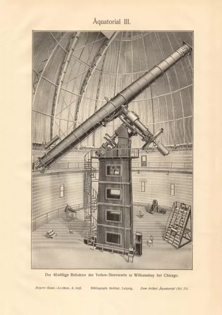 Äquatorial historischer Druck Holzstich ca. 1909 antike Bildtafel Astronomie