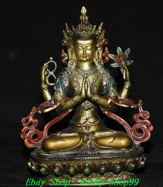 8" Old Tibet Bronze Painting Gilt 4 Arms Chenrezig Buddha Avalokiteshvara Statue