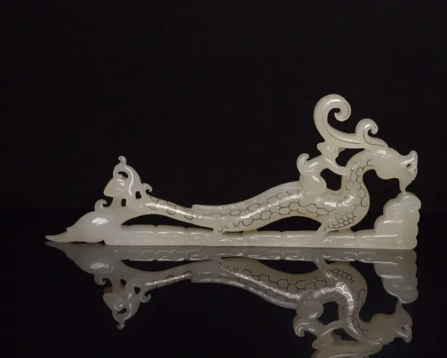 Chinese Exquisite Handmade Dragon Carving Inlaid Silver Hetian Jade Statue