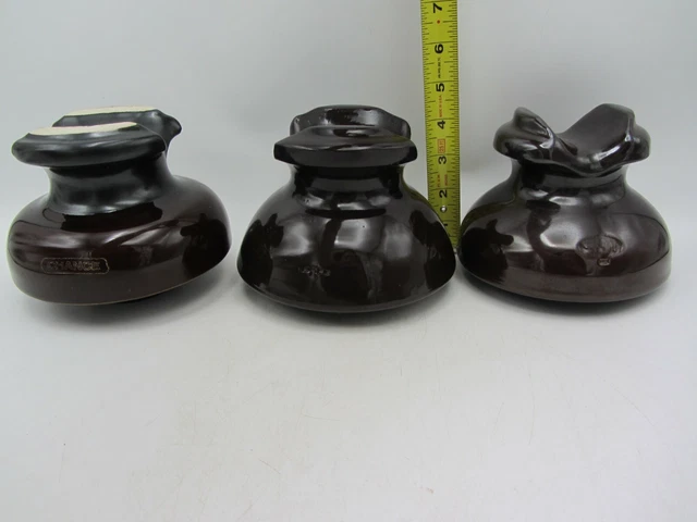 Lot Of 3 Large Brown Porcelain Insulators Locke Chance Railroad Telegragh Line