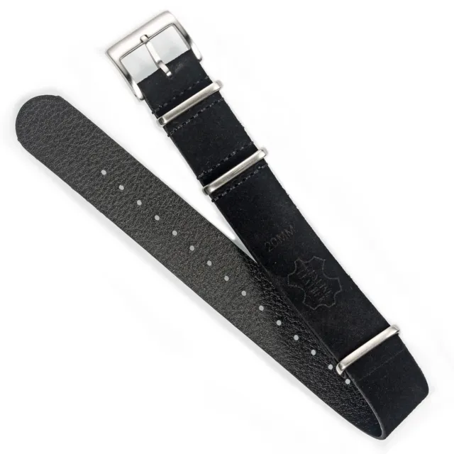 Suede Leather Watch Band Zulu Style One-Piece Military Strap Vintage Tone BLK