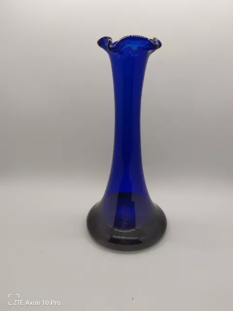 Vintage Cobalt Blue Hand Blown Glass Bud Vase with Ruffled Edge 8 1/2 " tall
