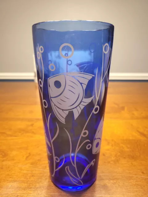 Hazel Atlas Cobalt Blue Martini Cocktail Shaker with White Tropical Fish No Lid.