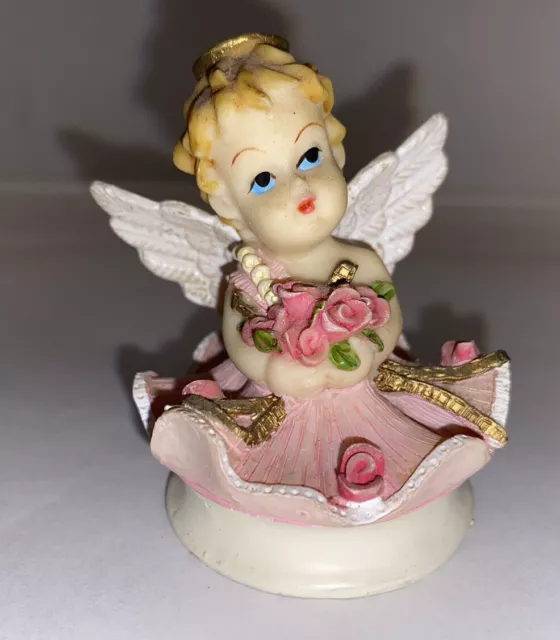 Vintage Prestige Cherub Angel Girl Wings Halo Holding Pink Flowers Figurine