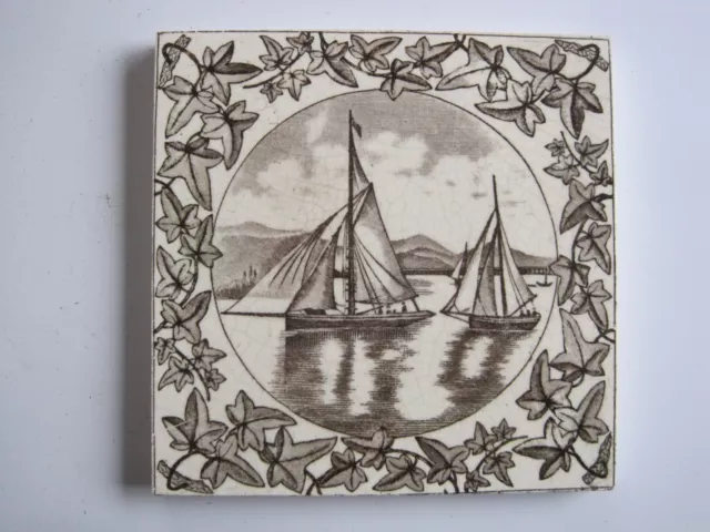 Antique Victorian 6" Tile - Sailing Boats In Leaf Border - Mansfield Bros C1895