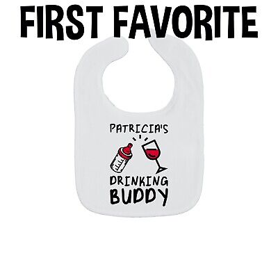 Custom Name Wine Drinking Buddy Baby Bib Alcohol Infant Newborn Shower Gift