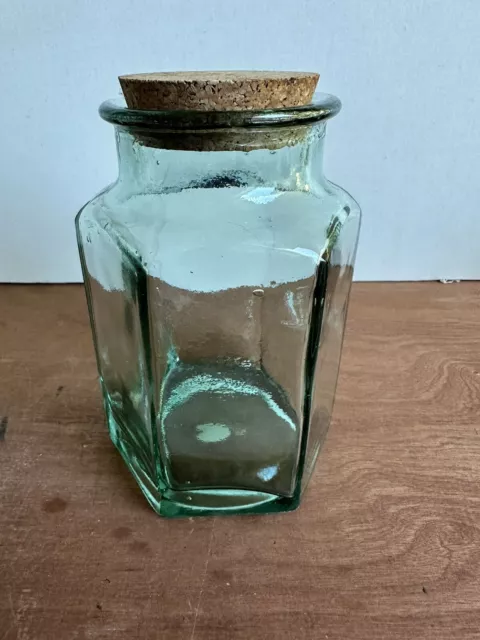 Large Hexagonal Recycled Glass Jar With Cork Lid. Excellent Condition