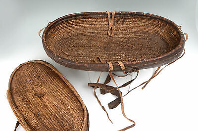 19Th Century Antique Hand Woven Elongated Leather Basket W/ Top/Lid 2