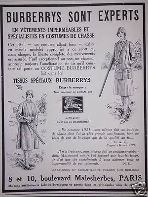 PUBLICITE BURBERRYS VETEMENTS DUVIA KAROO CHASSE FUSIL CHASSEUR DE 1937 AD PUB 